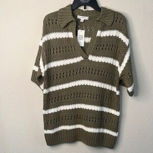 Chic V-Neck Sweater in Olive and White Stripes
